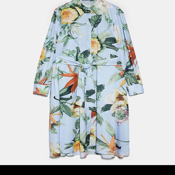 ZARA Woman's Belted Printed SHIRT Dress Light Blue Floral w/Pockets - Picture 2 of 3